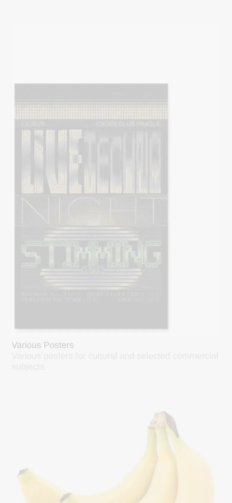 The mobile version maintains the minimalist white aesthetic but transitions to a single-column vertical scroll. The navigation menu is simplified, and project tiles, including images and text descriptions, are stacked vertically for easier scrolling on a smaller screen.