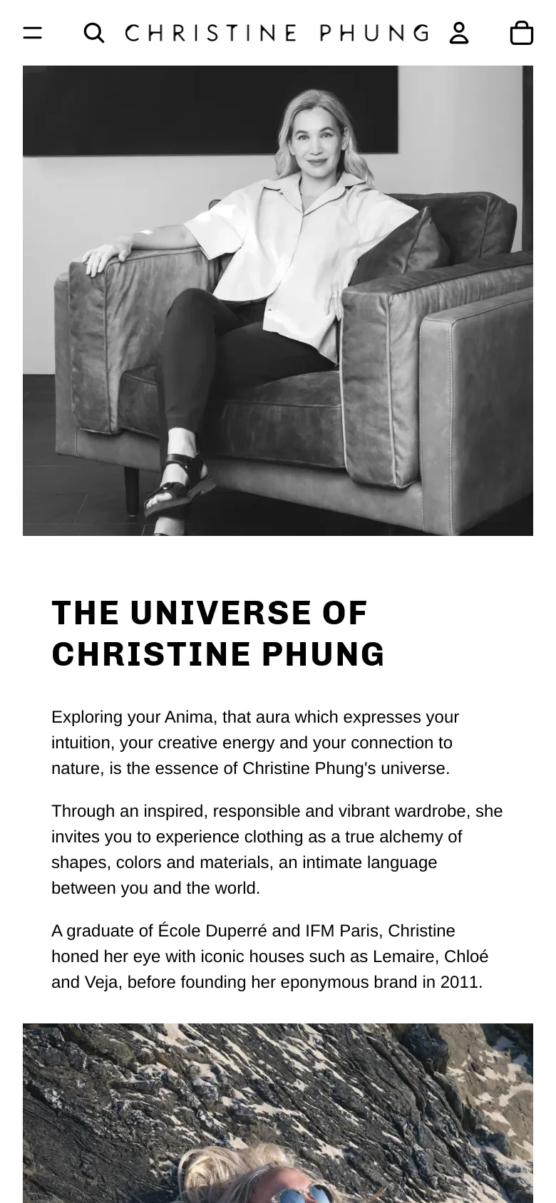 The mobile version presents a single-column vertical layout, starting with a large black and white portrait of Christine Phung. Below the image, the 'THE UNIVERSE OF CHRISTINE PHUNG' headline and descriptive text span the width of the screen, followed by subsequent content sections.