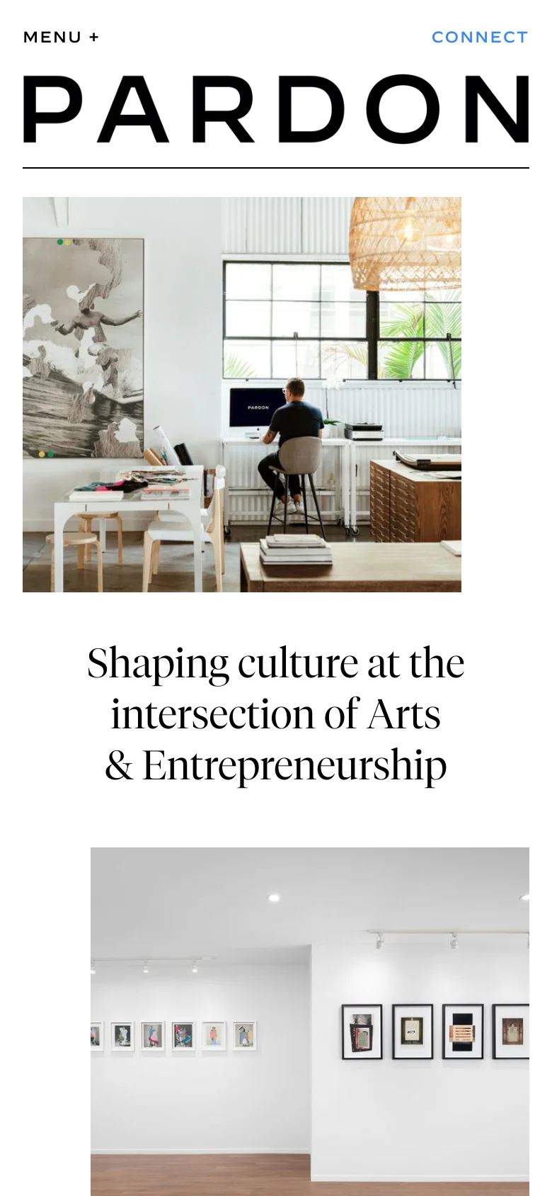 The mobile version presents a stacked layout with the 'PARDON' wordmark centered below a 'MENU +' and 'CONNECT' header. The hero imagery and headline are vertically arranged, followed by a large image of an art gallery, creating a single-column scrolling experience optimized for smaller screens.