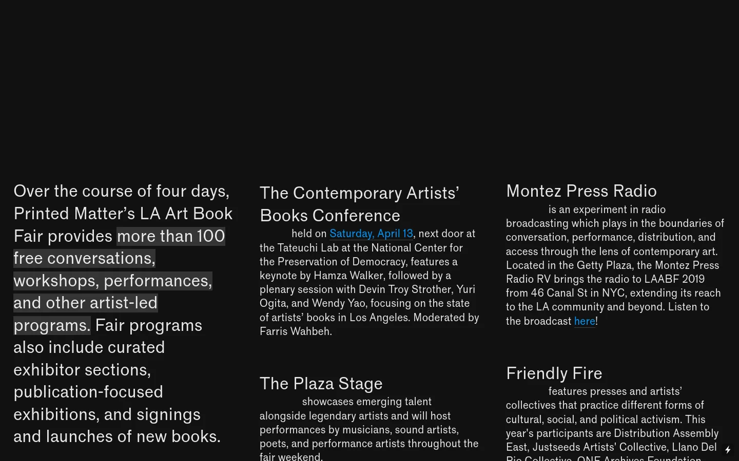 The desktop page features a dark gray background with large, white sans-serif typography arranged in a multi-column grid layout. The text describes the various programs at the LA Art Book Fair, including the Contemporary Artists’ Books Conference, Montez Press Radio, and The Plaza Stage. A navigation menu at the top provides links to About, Exhibitors, Programs, and Archive.