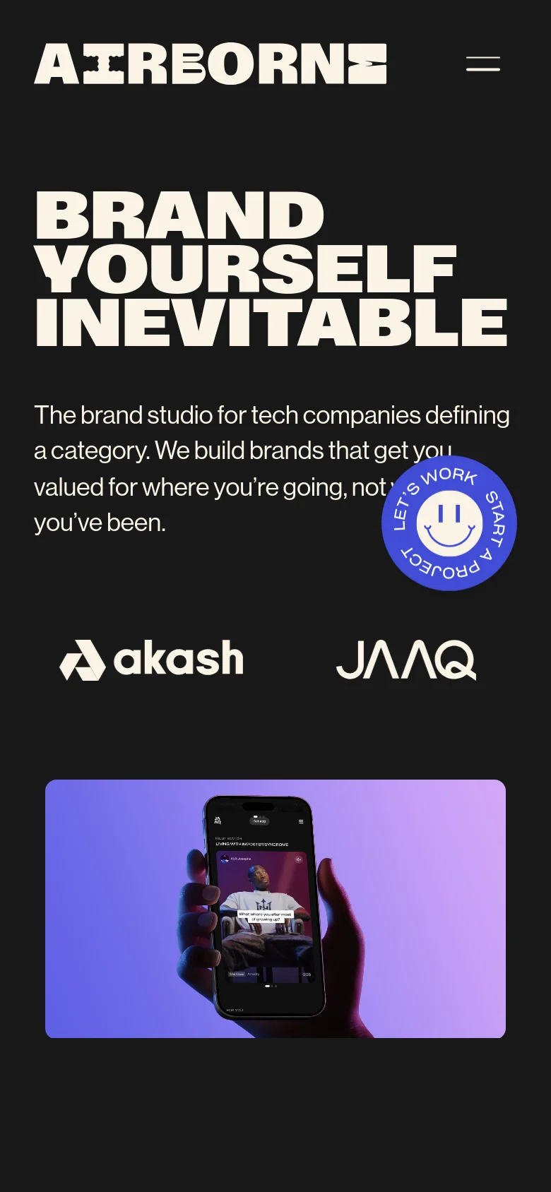 The mobile version presents a vertically stacked layout with the Airborne logo and a hamburger menu icon at the top. The massive 'BRAND YOURSELF INEVITABLE' headline dominates the upper screen, followed by the subheadline and a circular 'LET'S WORK' floating action button. A large featured image of a hand holding a smartphone is positioned below the client logos.
