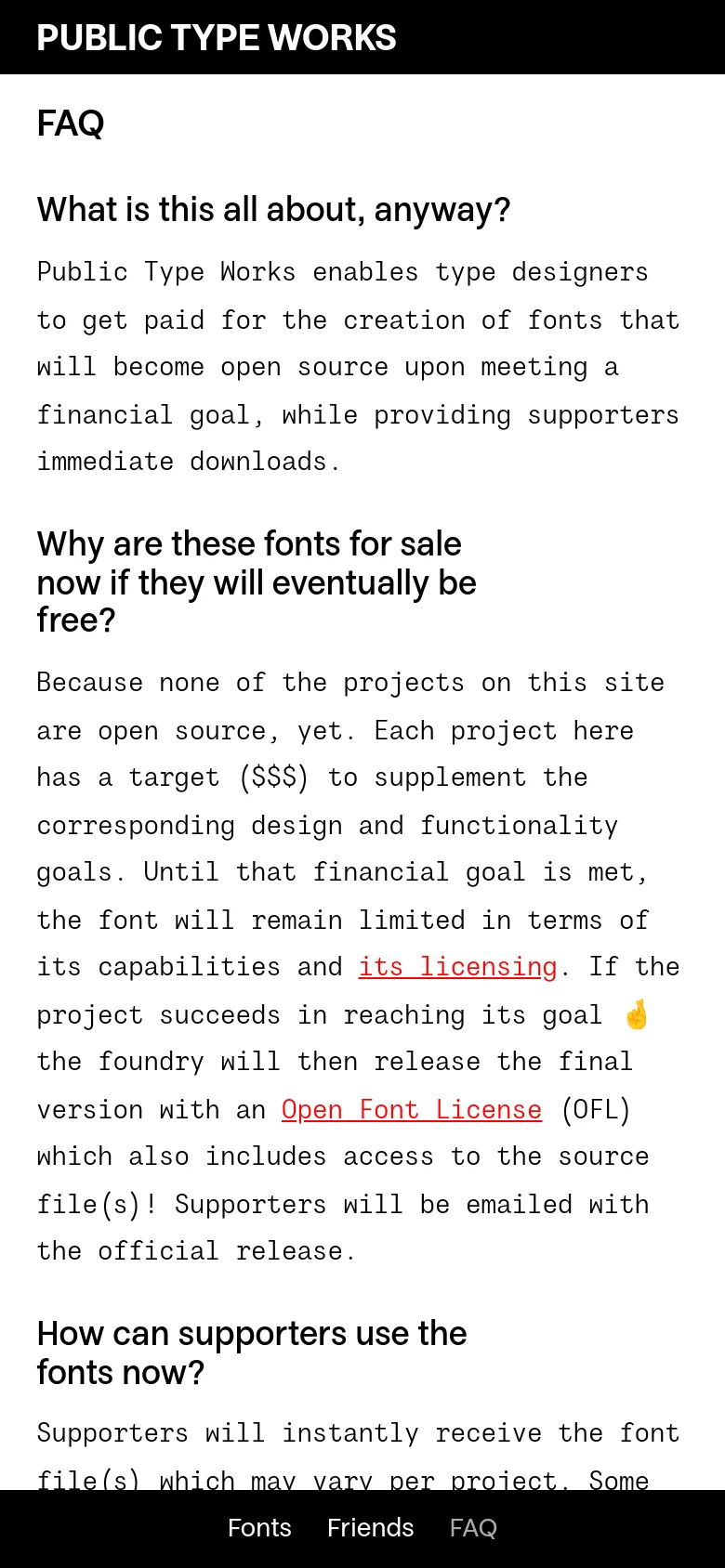 The mobile version maintains the minimalist black-on-white aesthetic but shifts to a single-column vertical layout. The navigation links are relocated to a bottom bar for easier thumb access, and the large typography is scaled to fit the narrower screen width.