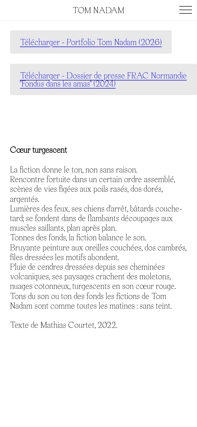 The mobile version uses a single-column layout with the name 'TOM NADAM' centered at the top and a hamburger menu icon on the right. The download buttons and the poetic text are stacked vertically, maintaining the clean, minimalist aesthetic and high-contrast black-on-white design.