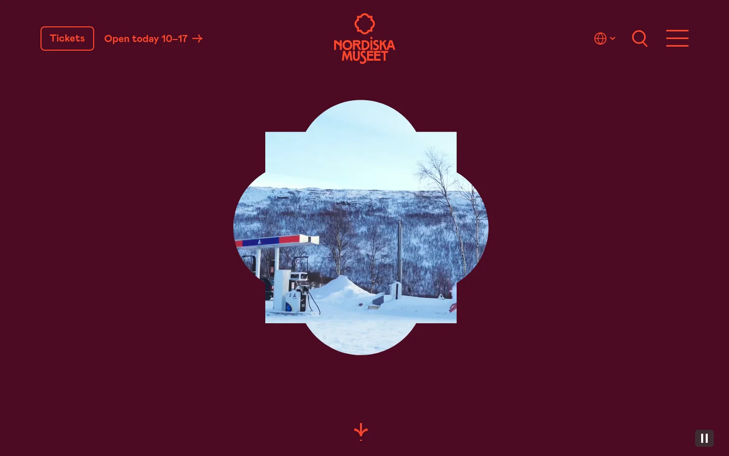 The desktop homepage features a deep burgundy background with the Nordiska Museet logo and a 'Tickets' button at the top. A large, decorative quatrefoil-shaped window in the center displays a snowy landscape with a building and mountains. Below the hero section, the layout includes information on opening hours, prices, and a grid of exhibition highlights with large images.