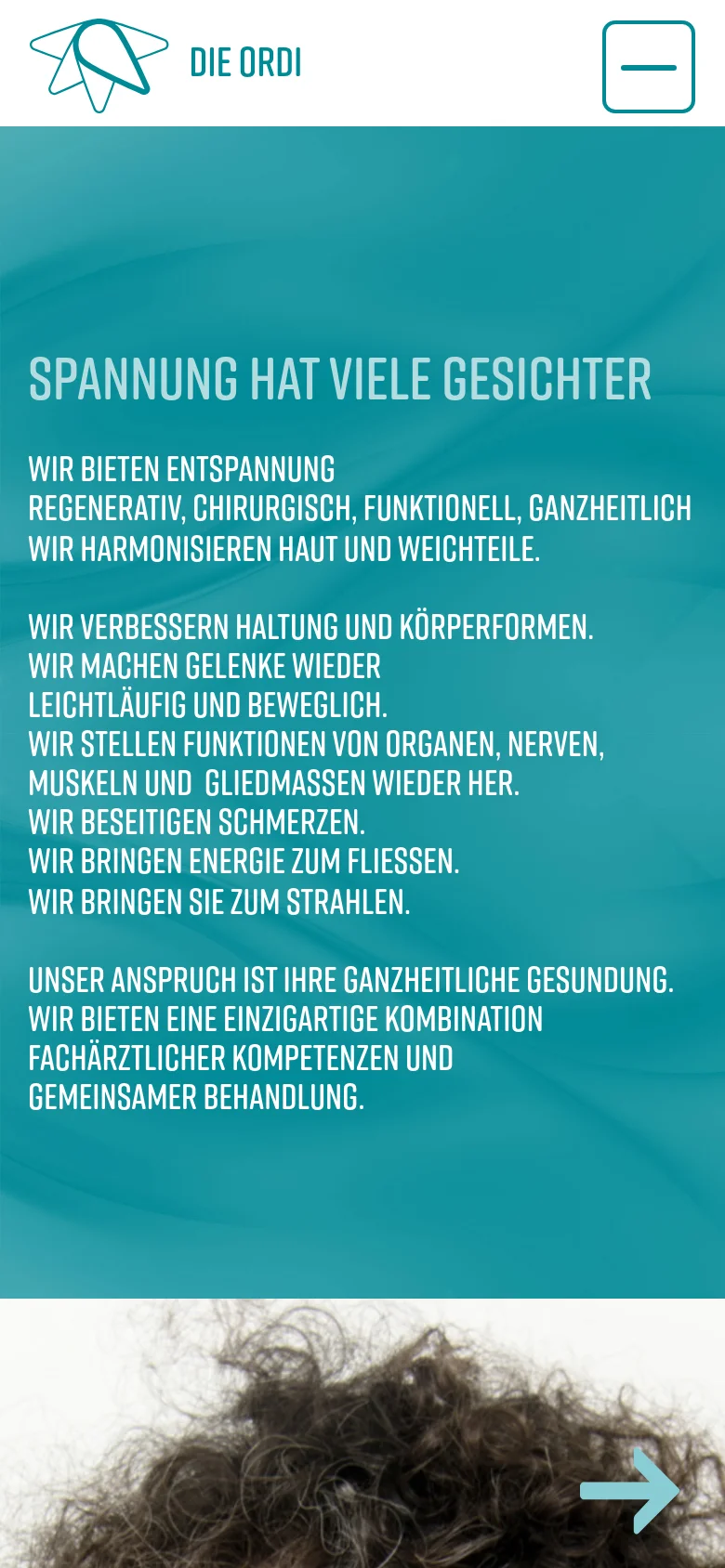 The mobile version presents a similar teal hero section with white text, but the navigation is condensed into a white hamburger menu icon on the right. The logo and 'DIE ORDI' text remain prominent at the top left, and the text content is stacked vertically to fit the narrower screen width.