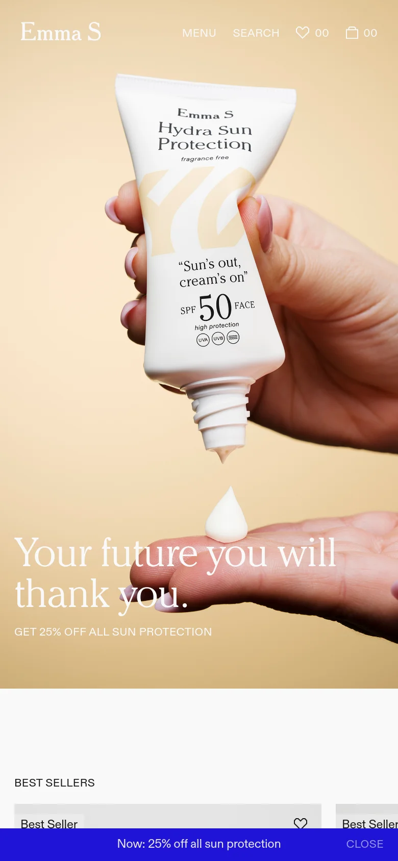 The mobile version presents a vertically oriented hero section with the same sun protection imagery and headline, optimized for a smaller screen. The navigation is condensed into a 'MENU' and 'SEARCH' text layout, and the blue promotional banner remains fixed at the bottom of the viewport.