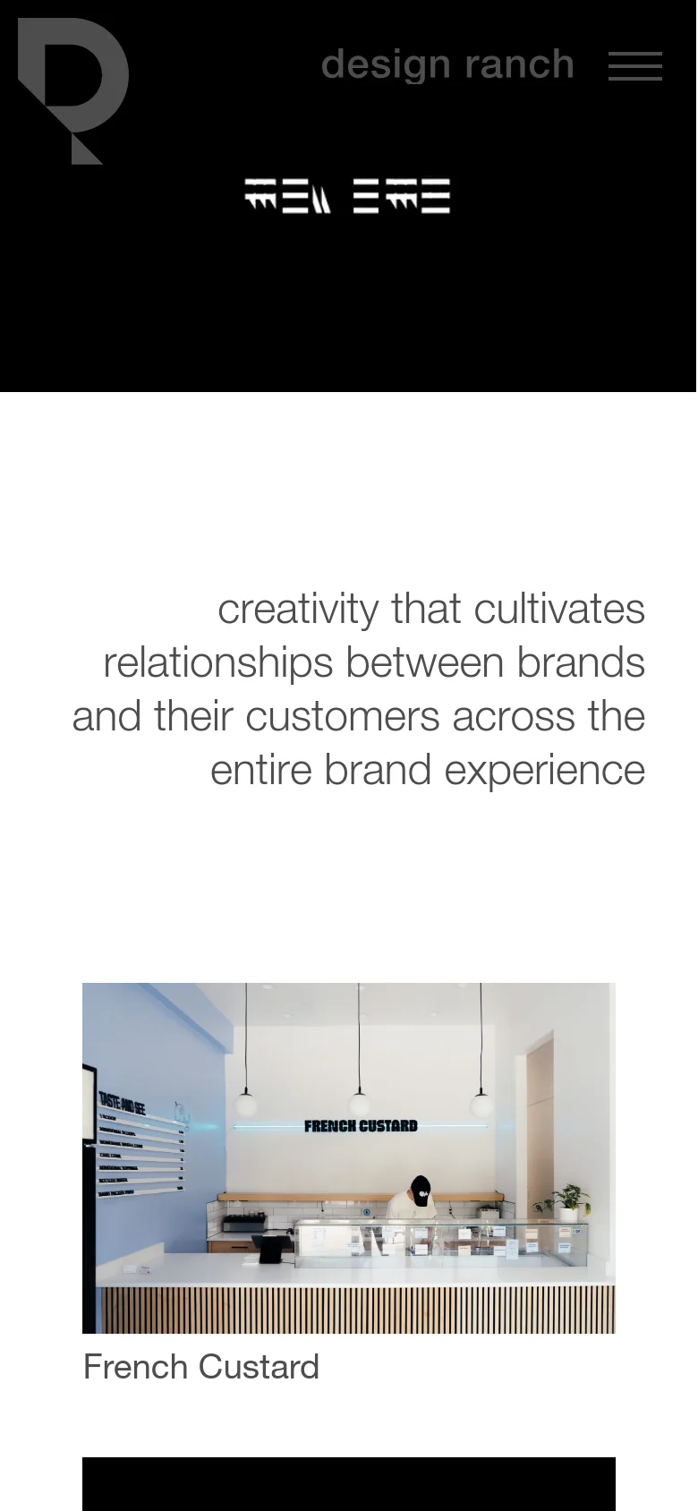 The mobile version maintains the minimalist black header but uses a condensed layout. The hero text is centered and stacked, and the project grid transitions into a single-column vertical scroll of large images and titles, optimized for touch navigation.