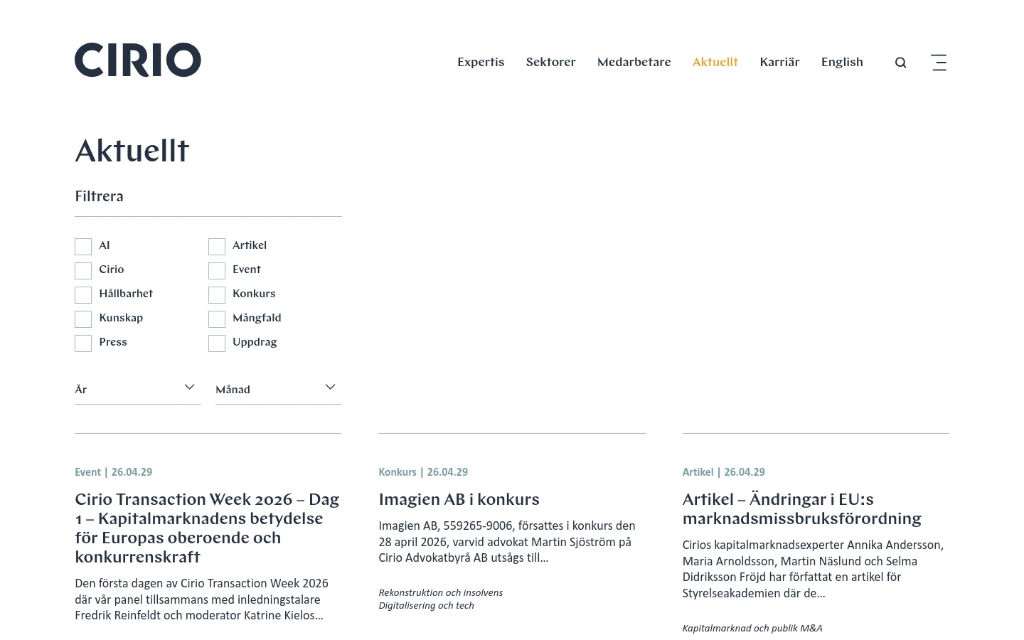 The desktop page for 'Aktuellt' features a clean, minimalist white layout with black text and the Cirio logo in the top left. A filtering section allows users to select categories like AI, Artikel, and Event via checkboxes, alongside dropdown menus for Year and Month. Below the filters, news items are arranged in a three-column grid, each displaying a category tag, date, bold headline, and a brief summary.