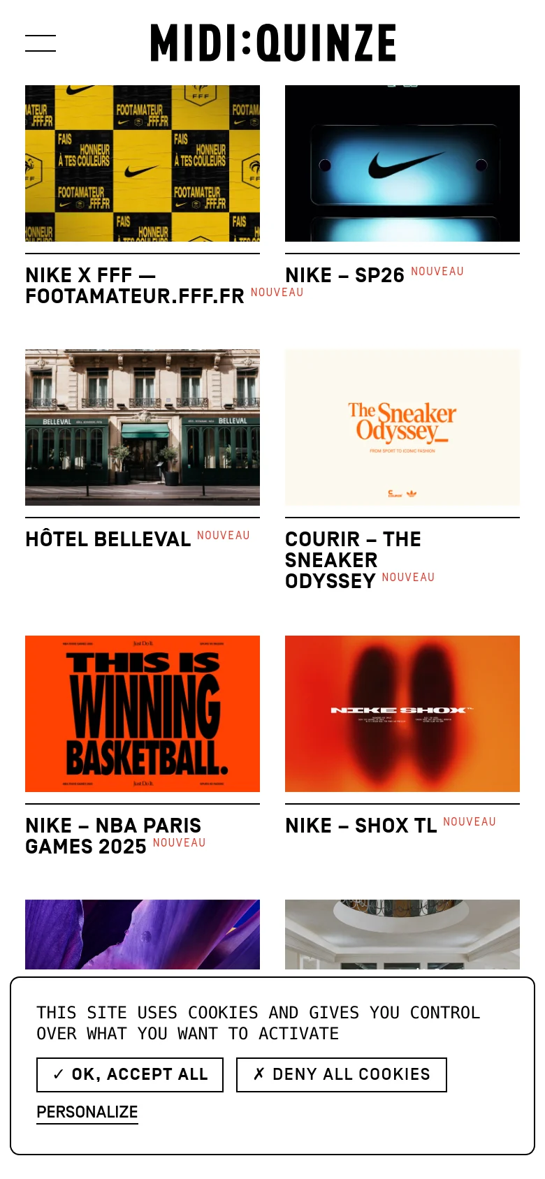 The mobile version simplifies the layout into a single-column vertical scroll of large project images and titles. The header is condensed, featuring a hamburger menu icon on the left, the 'MIDI:QUINZE' logo centered, and a search icon on the right. A prominent cookie consent banner overlays the bottom of the screen with 'OK, ACCEPT ALL' and 'DENY ALL COOKIES' buttons.