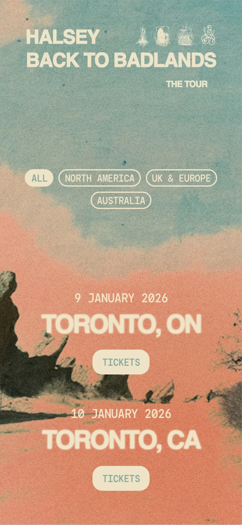 The mobile version presents a vertically stacked layout with the same desert hero imagery and tour title. The continent filter buttons are centered, and the tour dates and locations are displayed in a large, single-column format with prominent 'Tickets' buttons below each entry.