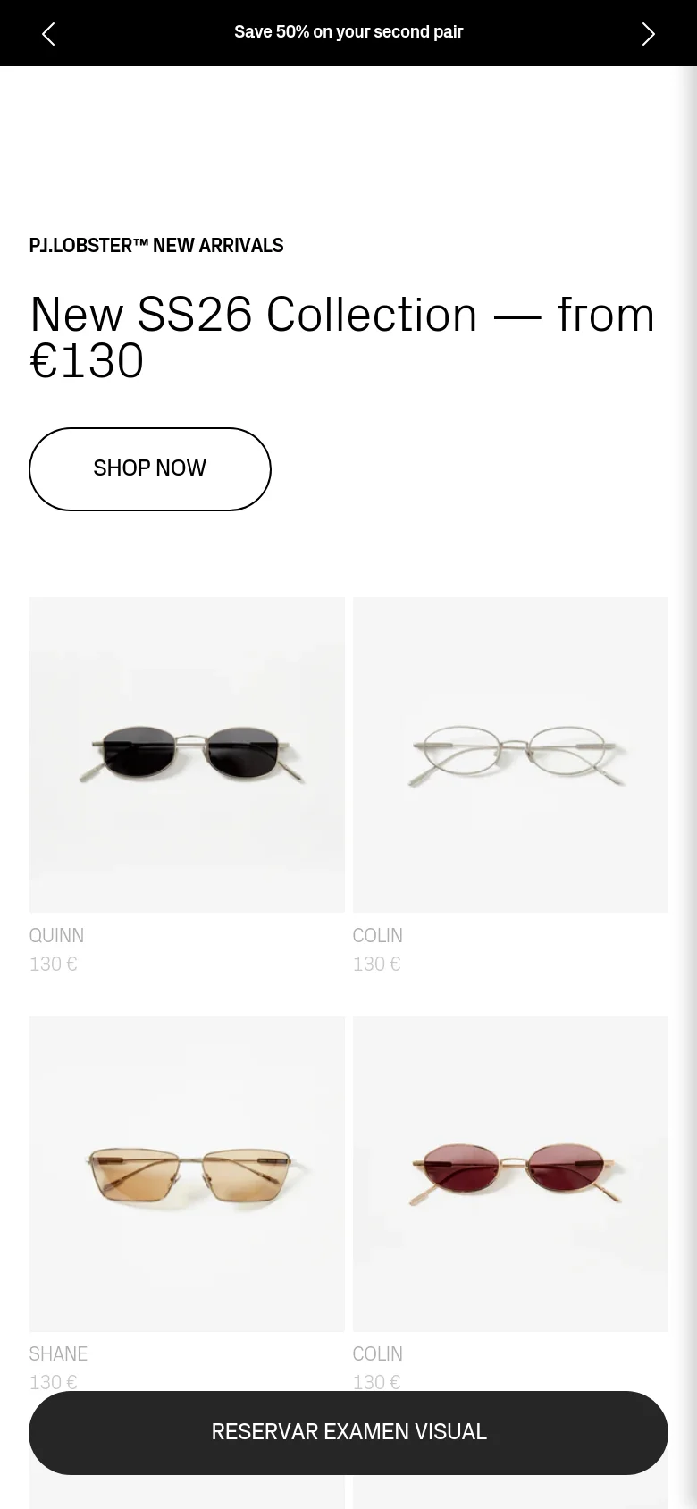 The mobile version uses a single-column vertical layout optimized for scrolling. The promotional banner and 'New SS26 Collection' headline appear at the top, followed by product images stacked vertically or in smaller grids. A large, dark 'RESERVAR EXAMEN VISUAL' button is fixed at the bottom of the screen for easy access.