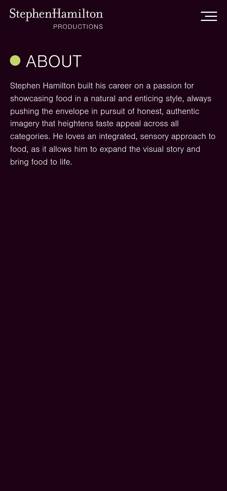The mobile version maintains the dark theme and lime green accents but simplifies the layout. The top navigation is replaced by a hamburger menu icon, and the 'ABOUT' heading and introductory text are centered and scaled for a vertical screen. The footer remains at the bottom with condensed links.