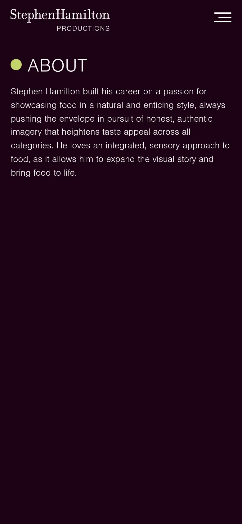 The mobile version maintains the dark theme and lime green accents but simplifies the layout. The top navigation is replaced by a hamburger menu icon, and the 'ABOUT' heading and introductory text are centered and scaled for a vertical screen. The footer remains at the bottom with condensed links.