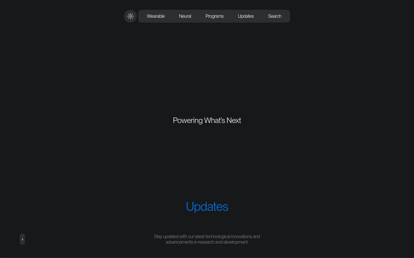 The desktop Updates page features a dark, minimalist aesthetic with a centered hero section displaying the headline 'Powering What's Next' and a large blue 'Updates' title. A navigation bar at the top includes links for Wearable, Neural, Programs, Updates, and Search. Below the hero, a feed of research articles is organized in a grid, featuring text-heavy cards with categories like 'Research' and 'Device Reliability' against a black background.