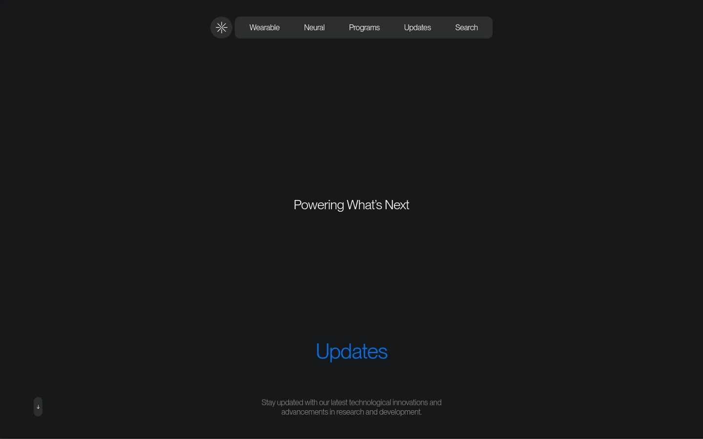The desktop Updates page features a dark, minimalist aesthetic with a centered hero section displaying the headline 'Powering What's Next' and a large blue 'Updates' title. A navigation bar at the top includes links for Wearable, Neural, Programs, Updates, and Search. Below the hero, a feed of research articles is organized in a grid, featuring text-heavy cards with categories like 'Research' and 'Device Reliability' against a black background.