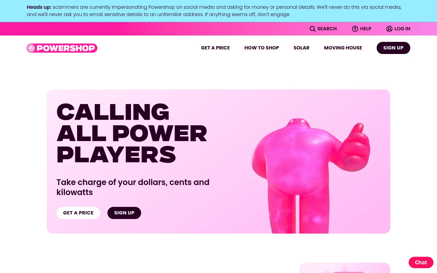 The Powershop homepage features a white background with a bright pink header containing a scam alert notification. The navigation menu includes links for Get a Price, How to Shop, Solar, and Moving House, alongside a Sign Up button. A large hero banner displays the headline 'CALLING ALL POWER PLAYERS' in bold black text next to a pink 3D humanoid figure, with buttons to 'Get a Price' and 'Sign Up'.