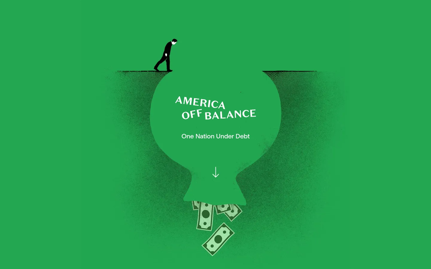The homepage features a minimalist green background with a central illustration of a man standing on a ledge above a large, hole-shaped void leaking dollar bills. The text 'AMERICA OFF BALANCE' and 'One Nation Under Debt' is centered within the void, and a navigation menu with links like 'Tour the Budget' and 'Fix the Budget' is located at the top.