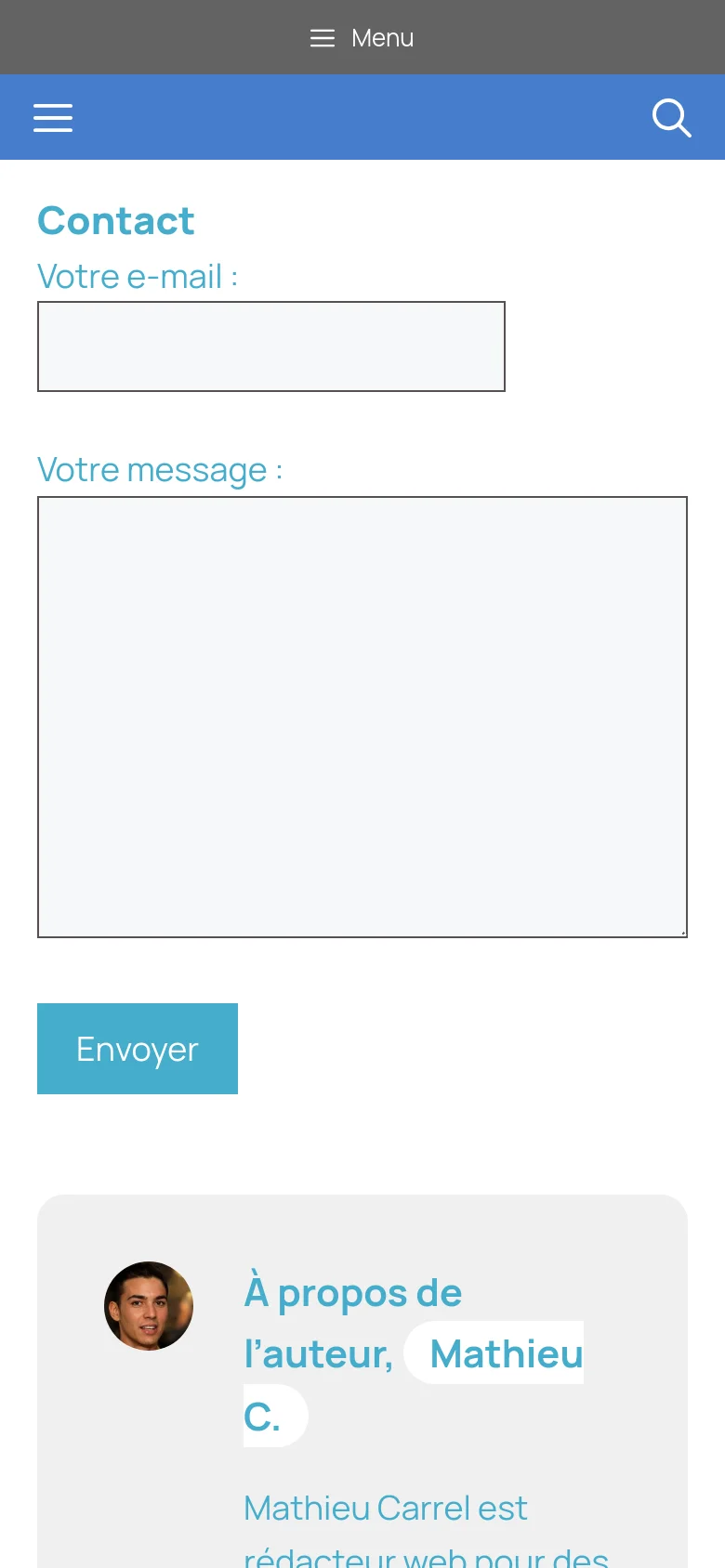 The mobile version displays a simplified layout with a hamburger menu and search icon in a blue header. The contact form fields and 'Envoyer' button span the width of the screen, and the author bio section is repositioned at the bottom with the portrait and text stacked vertically.