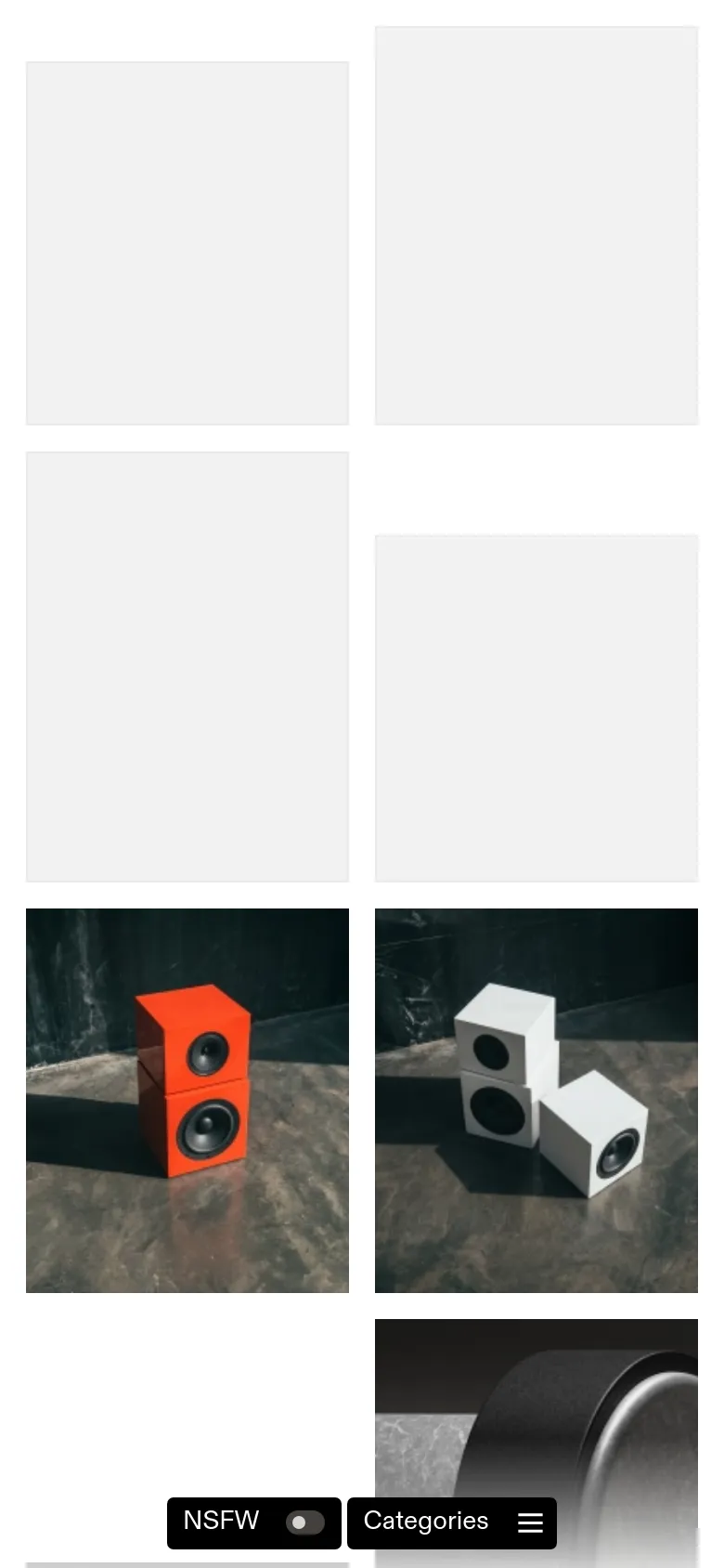 The mobile version of the design archive website displays a single-column vertical scroll of the design images. The left sidebar is hidden, replaced by a 'Categories' button with a hamburger icon at the bottom, and an 'NSFW' toggle is also located at the bottom.