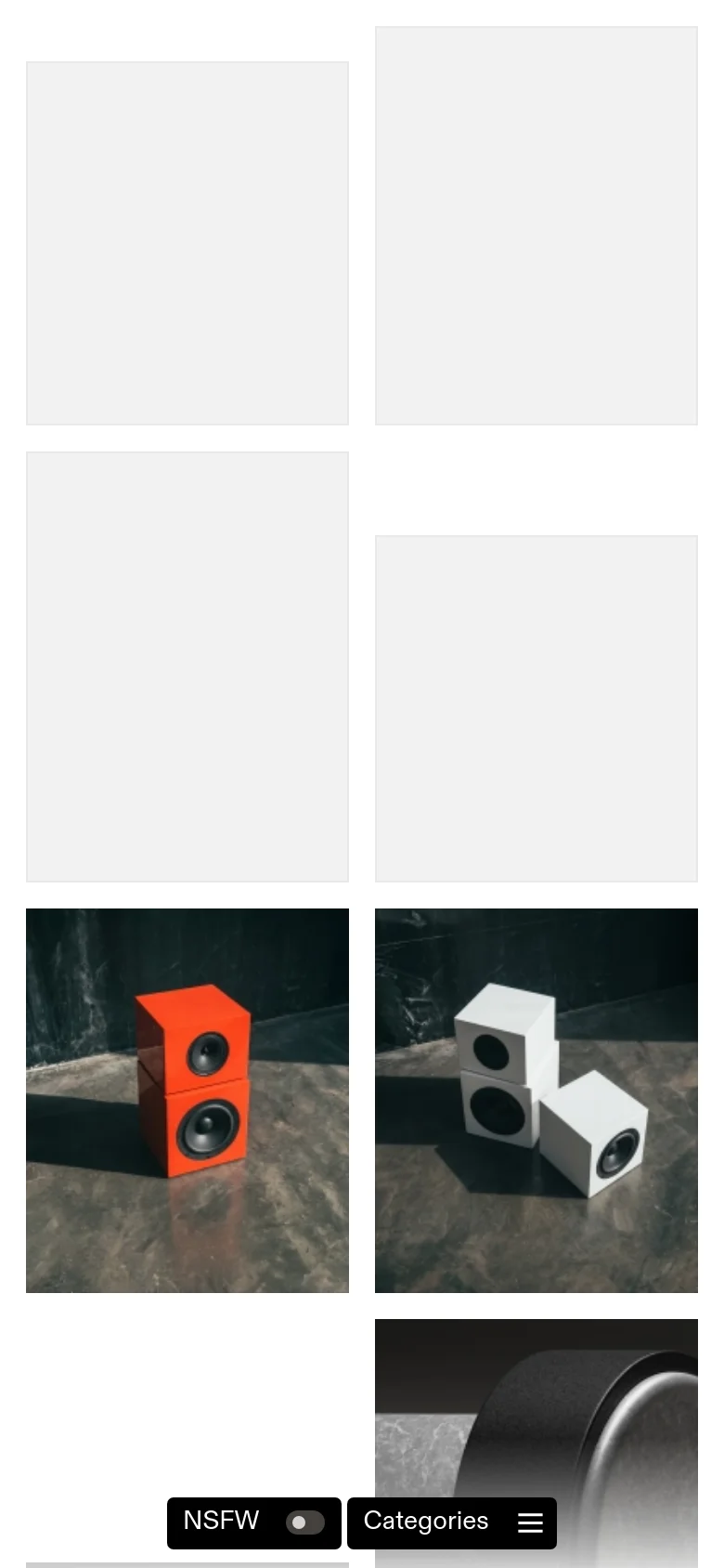 The mobile version of the design archive website displays a single-column vertical scroll of the design images. The left sidebar is hidden, replaced by a 'Categories' button with a hamburger icon at the bottom, and an 'NSFW' toggle is also located at the bottom.