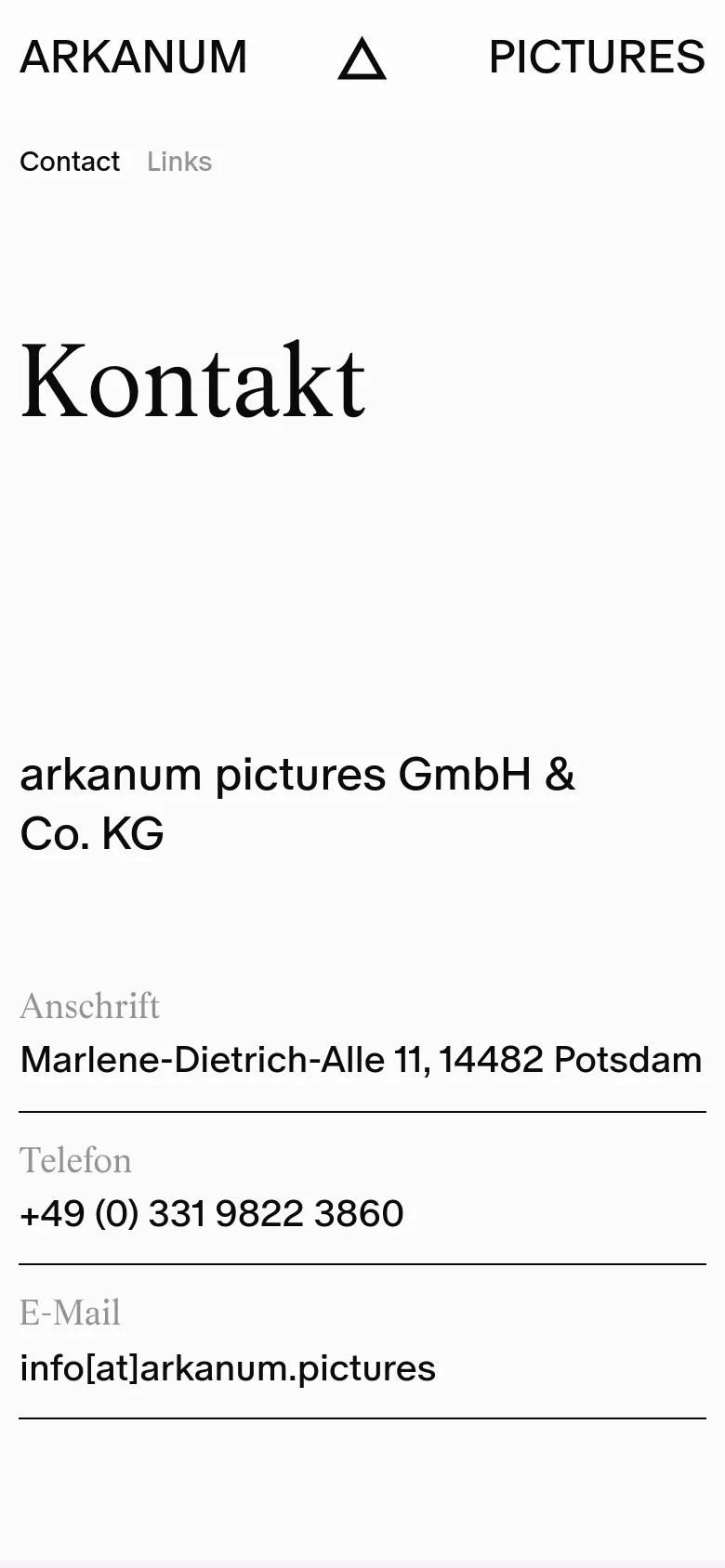 The mobile version maintains the minimalist white and black aesthetic but uses a single-column layout for better readability on small screens. The text is scaled for mobile viewing, with the contact information stacked vertically under the large 'Kontakt' heading.
