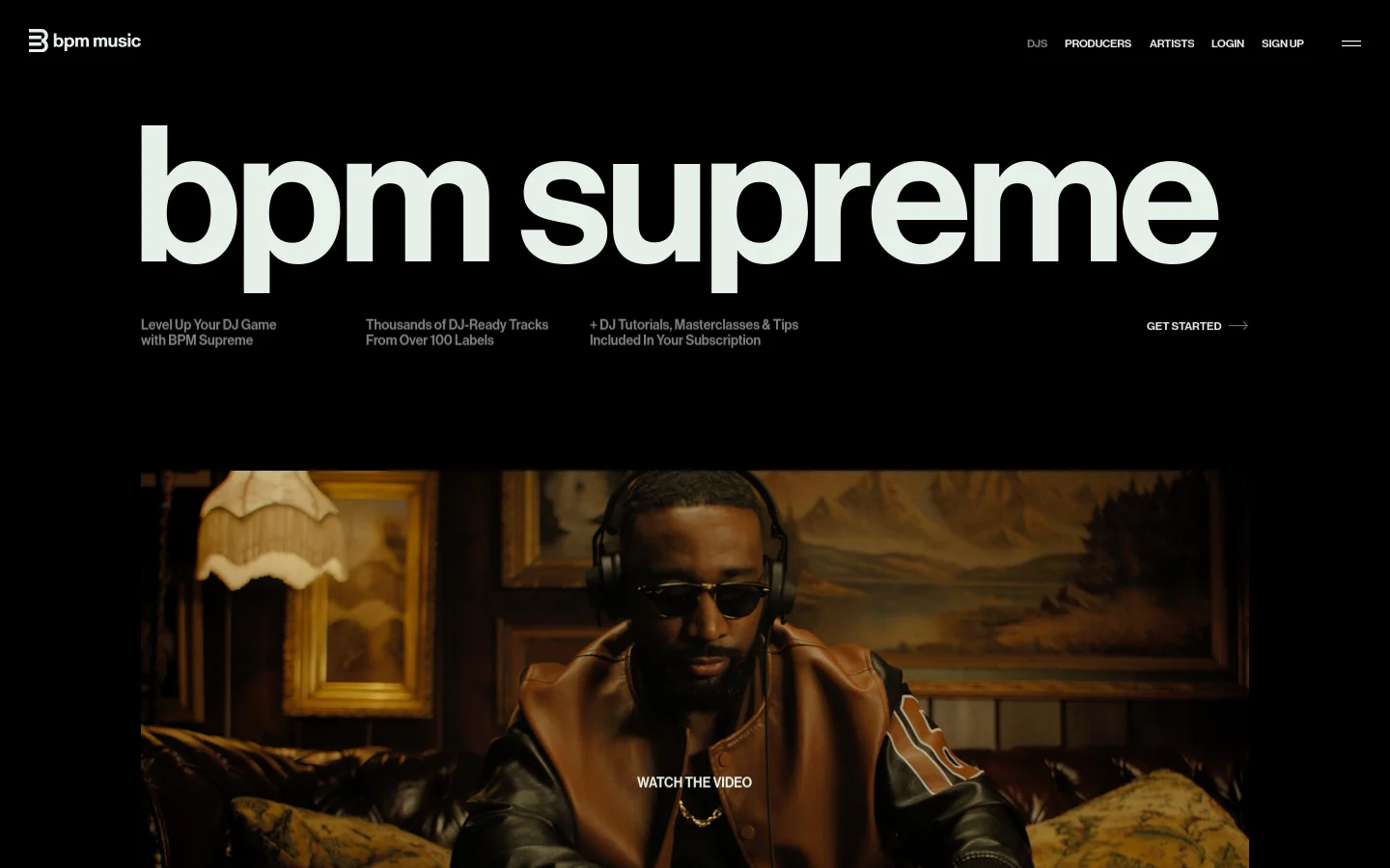The desktop homepage features a dark theme with large white typography reading 'bpm supreme'. A hero section includes a video thumbnail of a DJ in a dimly lit room, a 'WATCH THE VIDEO' call to action, and a 'GET STARTED' link. Below, a subscription section displays pricing plans with toggle options for monthly or annual billing and different music libraries.