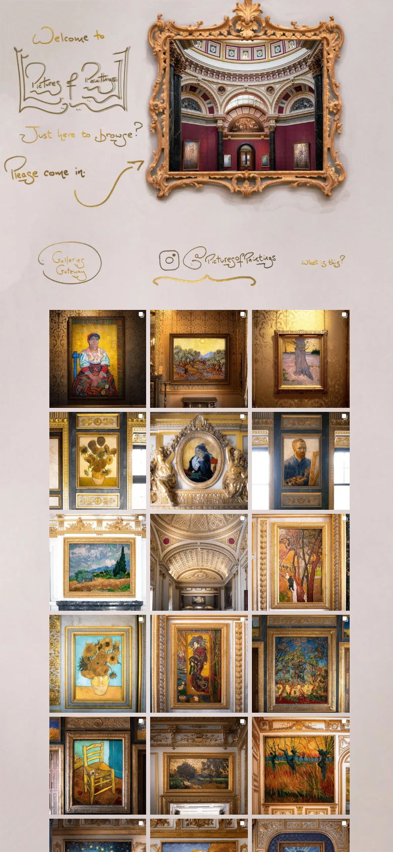 The mobile version stacks content vertically, starting with the gold logo and handwritten welcome text above the central ornate frame. Below the frame, a grid of various framed paintings is displayed in a single column, following the Instagram-style layout.