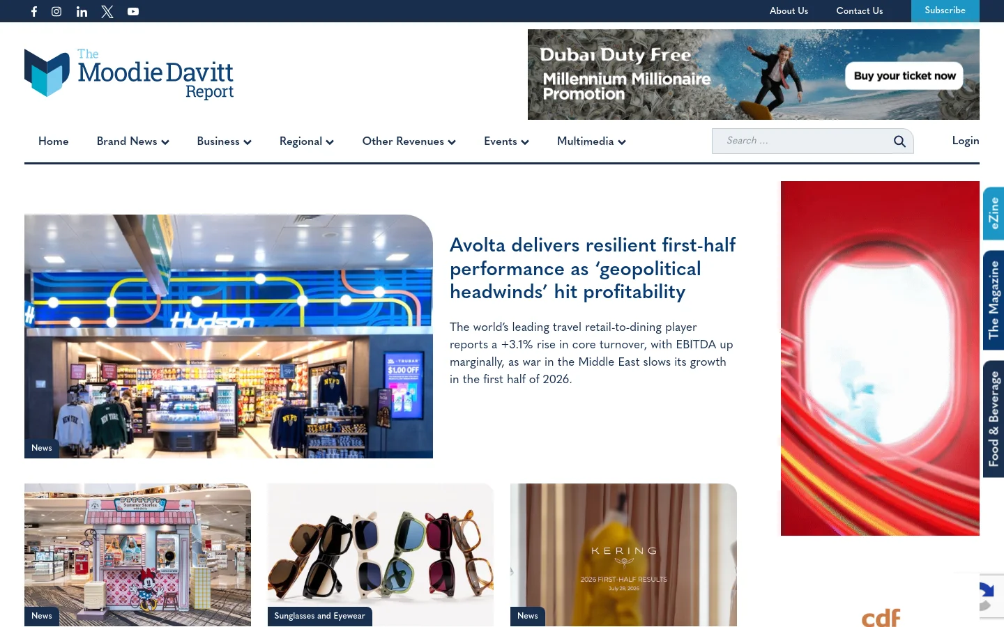 The Moodie Davitt Report homepage features a white header with a logo, navigation menu, and a search bar. A large hero section displays a news article about Avolta with a photo of a Hudson retail store, followed by a grid of news stories with images and headlines. A prominent banner advertisement for Dubai Duty Free is positioned at the top right.