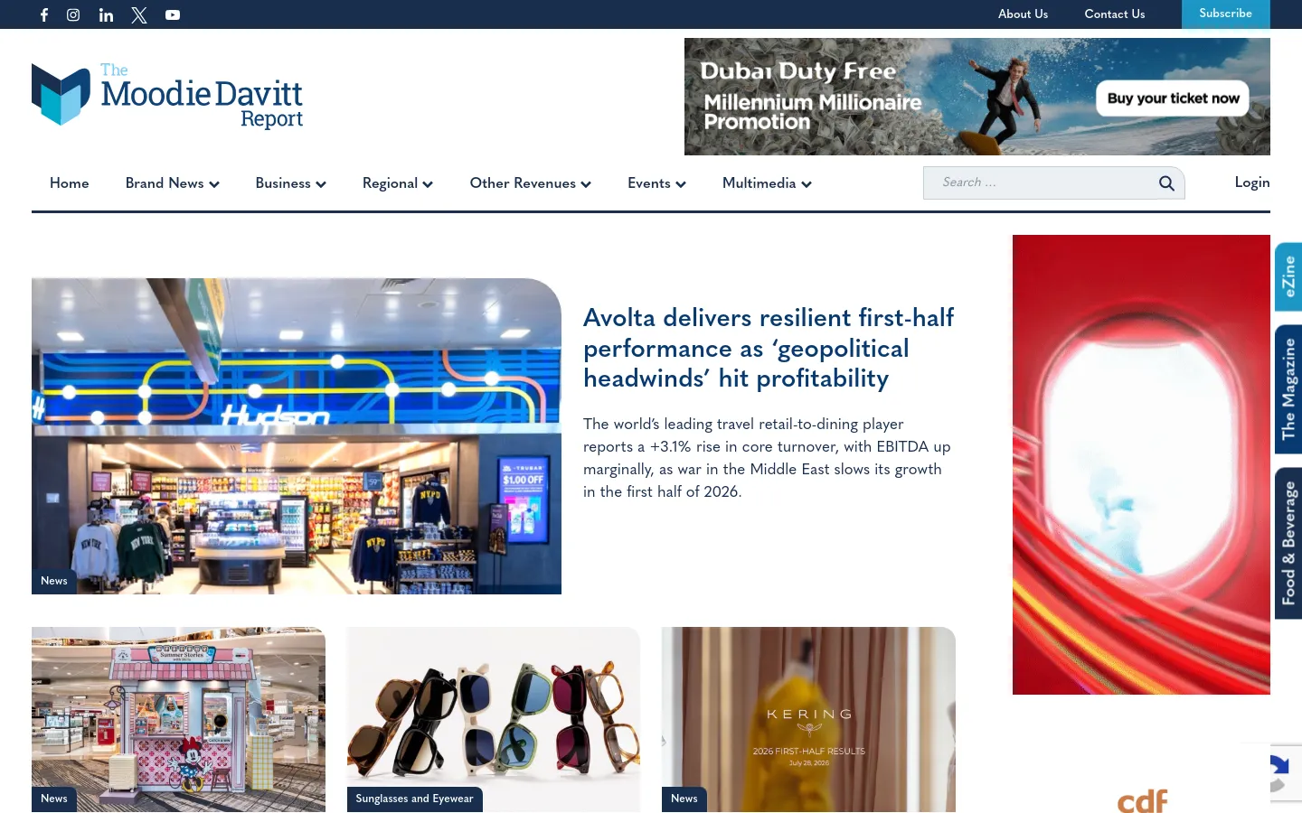 The Moodie Davitt Report homepage features a white header with a logo, navigation menu, and a search bar. A large hero section displays a news article about Avolta with a photo of a Hudson retail store, followed by a grid of news stories with images and headlines. A prominent banner advertisement for Dubai Duty Free is positioned at the top right.