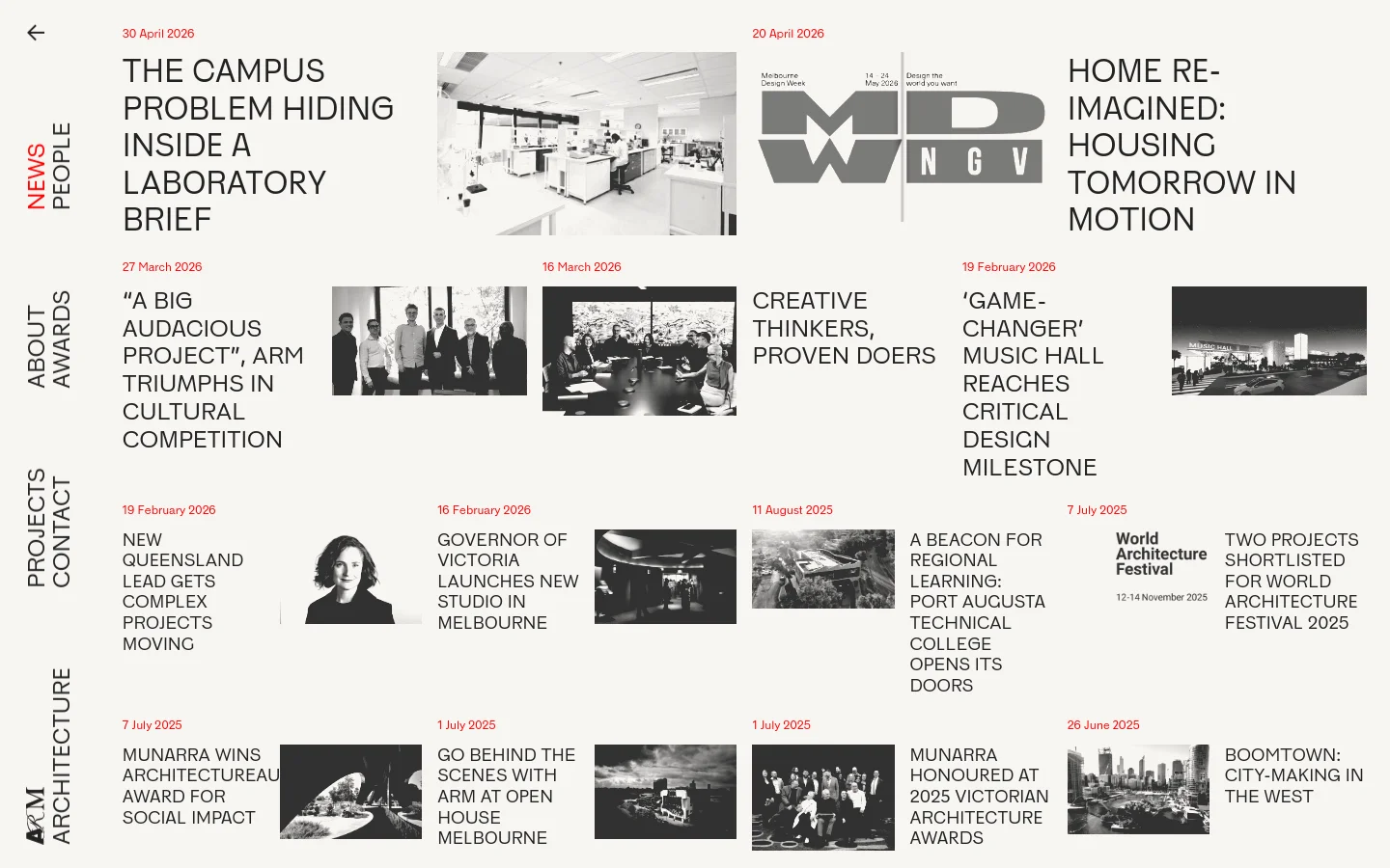 The News page features a minimalist white layout with a grid of news articles. Each entry consists of a date, a bold black headline, and a grayscale architectural or lifestyle photograph. The desktop view displays articles in a multi-column masonry-style grid with large typography.