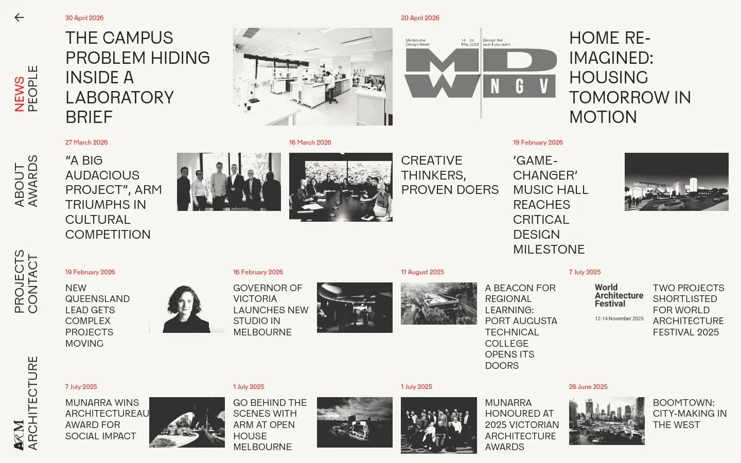 The News page features a minimalist white layout with a grid of news articles. Each entry consists of a date, a bold black headline, and a grayscale architectural or lifestyle photograph. The desktop view displays articles in a multi-column masonry-style grid with large typography.