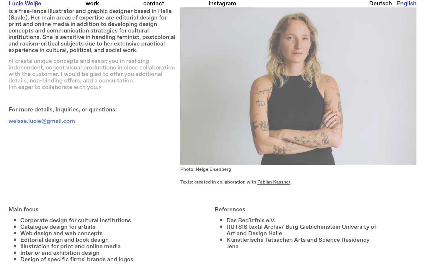 Desktop view of Lucie Weiße's portfolio featuring a minimalist white background with black text. A large portrait of Lucie Weiße is on the right, while her bio, contact email, and list of services occupy the left side. A navigation menu is at the top, and a 'References' section is at the bottom.