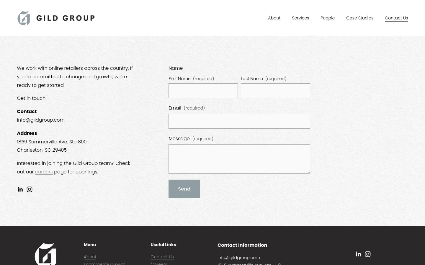 The desktop Contact Us page features a clean, minimalist layout with a white textured background. The left side contains contact information including an email address, physical address in Charleston, SC, and social media icons, while the right side features a contact form with fields for First Name, Last Name, Email, and Message, ending with a grey 'Send' button.
