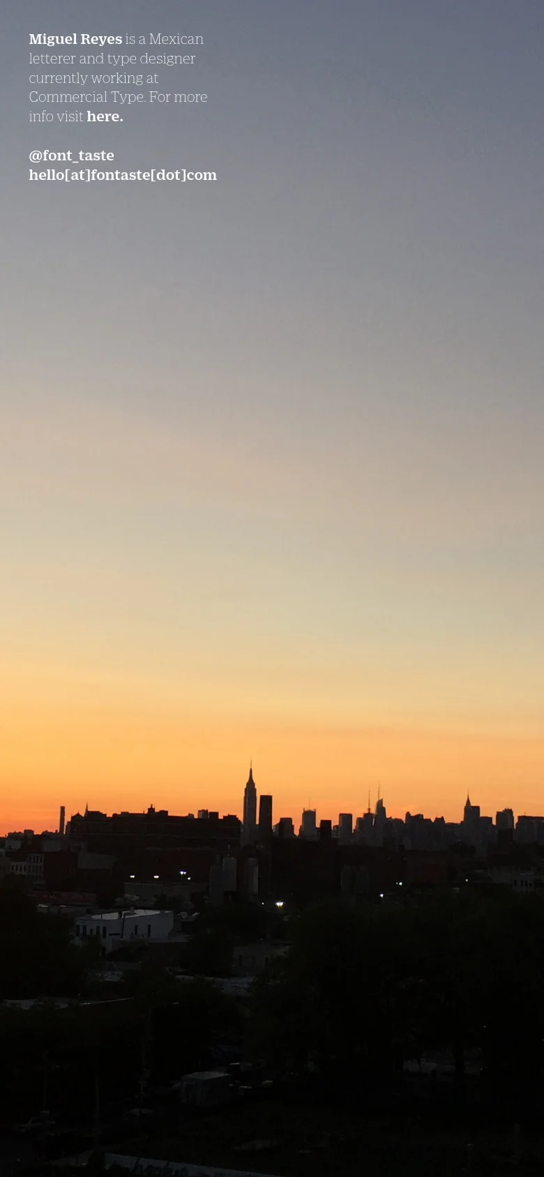 A vertical mobile view of the same sunset skyline and gradient sky. The white introductory text and contact links are positioned at the top left of the screen, occupying the upper portion of the image.