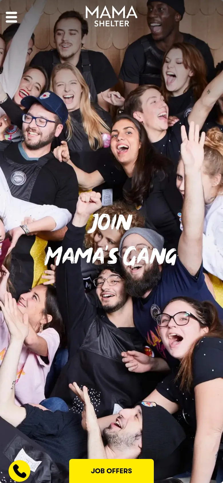 The mobile version displays the same high-energy group photo as a full-screen background, but the text 'JOIN MAMA'S GANG' is positioned lower on the screen. The navigation is condensed into a hamburger menu icon in the top left, and a bright yellow 'JOB OFFERS' call-to-action button is fixed at the bottom of the screen.