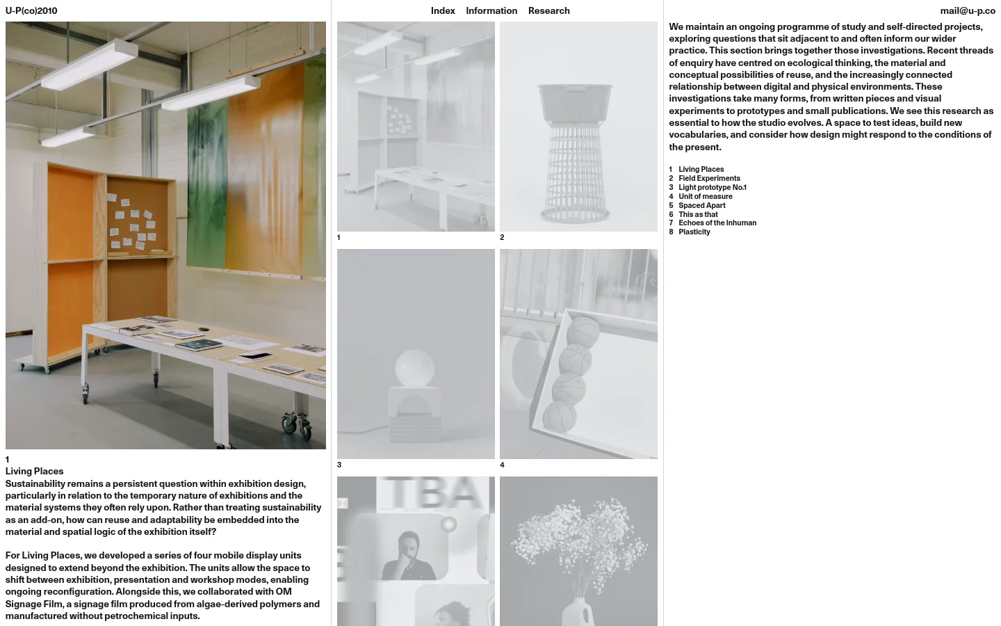 The Research page features a minimalist white layout with a top navigation bar containing links for Index, Information, and Research. The content consists of a large hero image of an exhibition space with wooden display units, followed by a grid of monochromatic research project images and descriptive text blocks. A sidebar on the right contains a summary of the research philosophy and a numbered list of project titles.