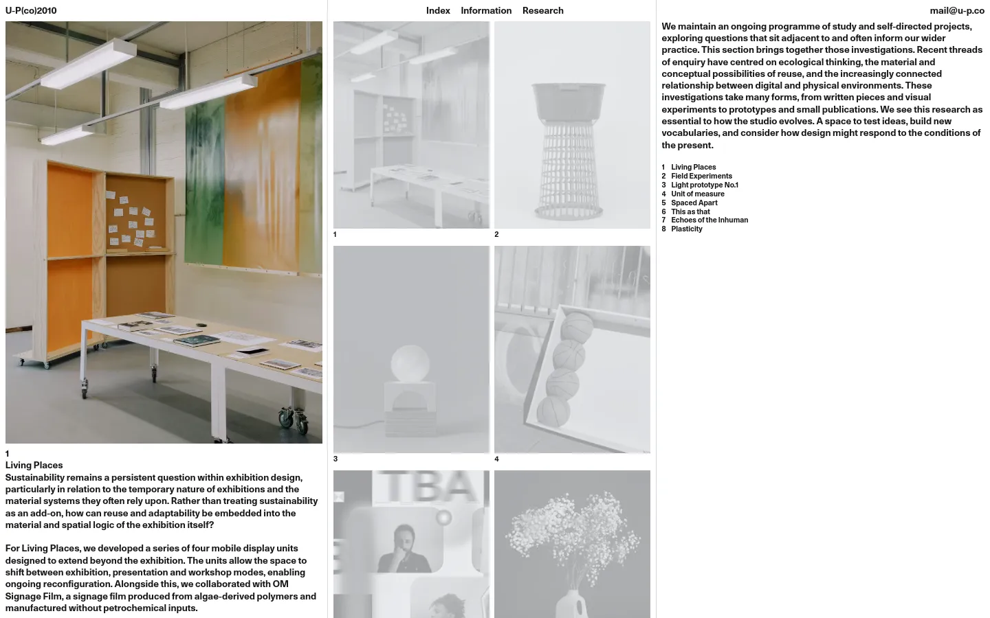 The Research page features a minimalist white layout with a top navigation bar containing links for Index, Information, and Research. The content consists of a large hero image of an exhibition space with wooden display units, followed by a grid of monochromatic research project images and descriptive text blocks. A sidebar on the right contains a summary of the research philosophy and a numbered list of project titles.