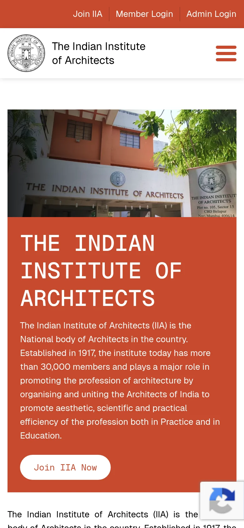 The mobile version simplifies the layout, replacing the horizontal navigation menu with a hamburger icon on the right. The hero section remains prominent, featuring the building photograph and large white text on a terracotta-colored background, with the 'Join IIA Now' button centered below the description.