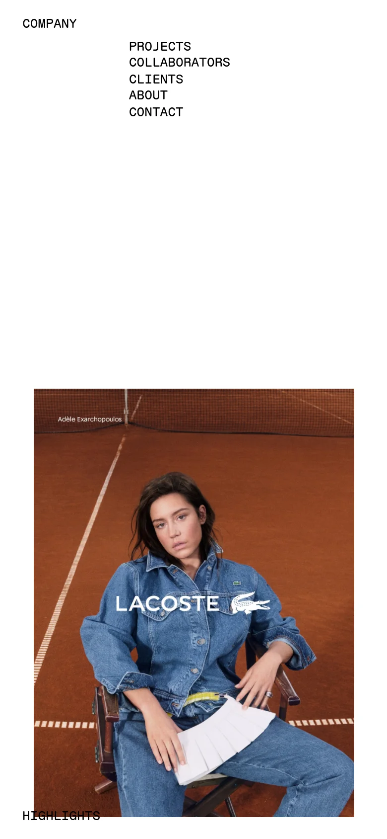 The mobile version maintains the minimalist white aesthetic but uses a vertical stack, placing the navigation menu at the top left. The large Lacoste hero image is centered below the menu, and the 'HIGHLIGHTS' text is positioned at the bottom left of the image.