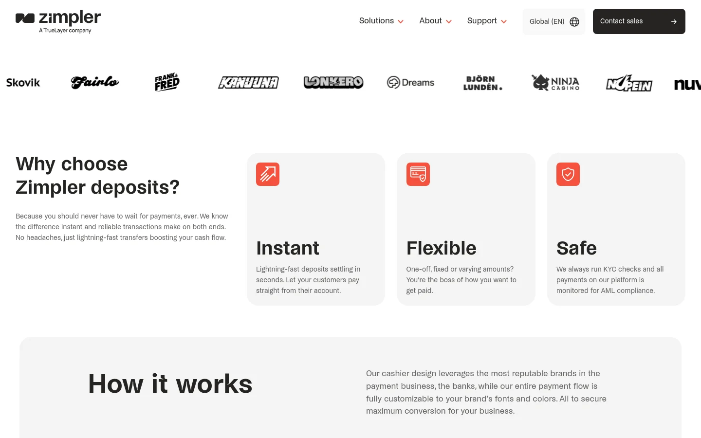 The desktop page features a white background with a navigation bar containing the Zimpler logo and menu items like Solutions and About. Below a logo marquee of partner brands, a large headline reads 'Why choose Zimpler deposits?' followed by three light gray cards titled 'Instant', 'Flexible', and 'Safe' that highlight key benefits. A section below introduces 'How it works' with descriptive text on the right.