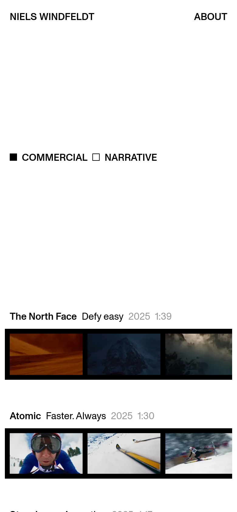 The mobile version maintains the minimalist white aesthetic but uses a single-column vertical layout for easier scrolling. The navigation links and 'Commercial/Narrative' filters are stacked, and the video project thumbnails are scaled to fit the width of the phone screen.
