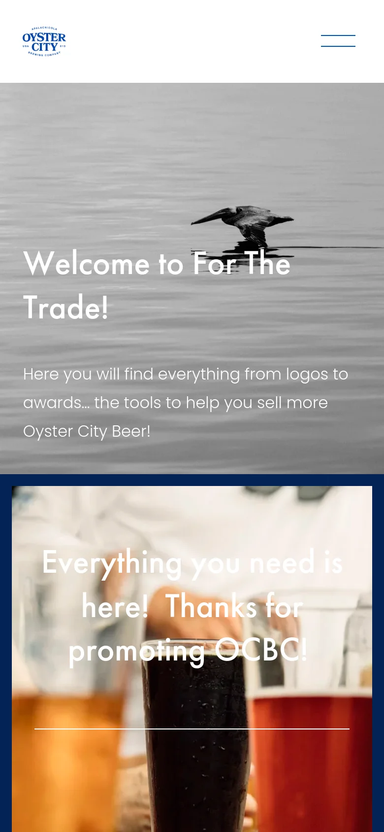 Mobile version of the page with a simplified header containing the logo and a hamburger menu icon. The layout is vertically stacked, showing the black and white pelican hero image followed by the colorful beer glass section, both with large white text overlays centered on the screen.