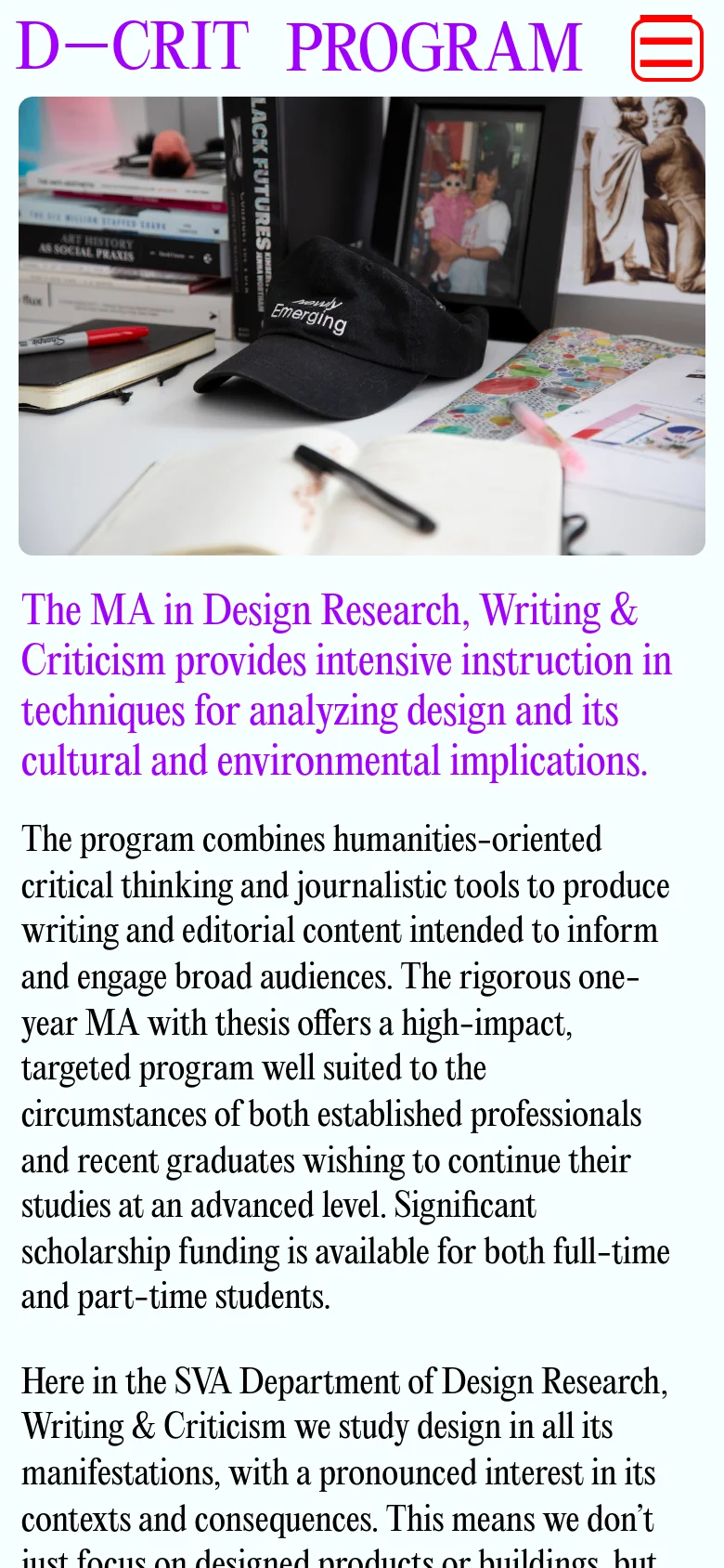 The mobile version presents a vertically stacked layout where the purple 'D-CRIT PROGRAM' title and a hamburger menu icon sit above the hero image. The program description text follows below the image, utilizing the full width of the screen for readability.