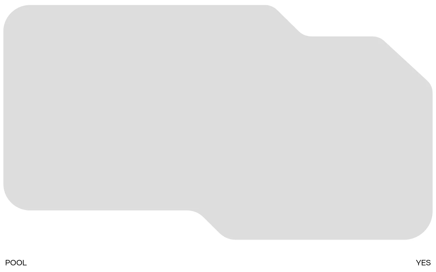 The desktop homepage features a minimalist white background with a large, light gray organic geometric shape centered on the screen. At the bottom, the word 'POOL' is aligned to the left and 'YES' is aligned to the right in a simple black sans-serif font.