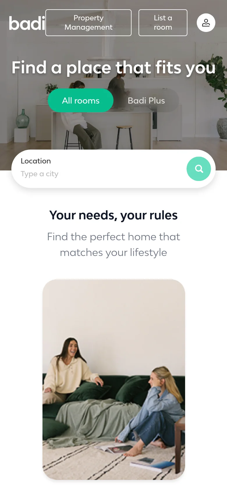 The mobile version presents a vertically stacked layout starting with the hero image and headline, followed by a simplified search bar. The navigation buttons and search inputs are scaled for touch, and the category cards below appear as large, single-column image tiles.