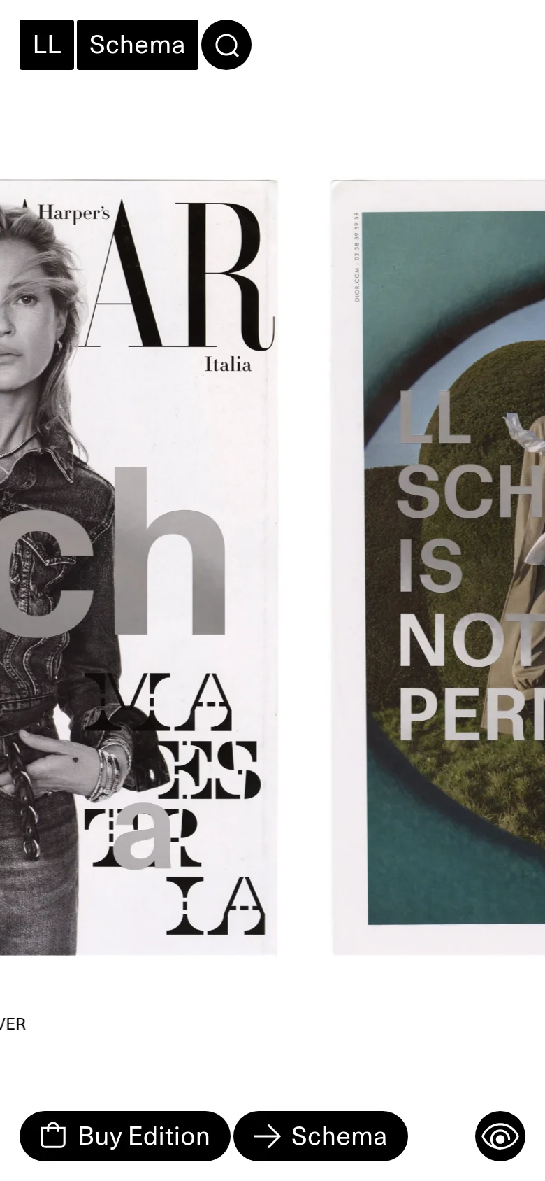 The mobile version presents a vertically stacked layout of the high-fashion imagery. The large magazine covers and editorial photos are scaled down to fit the narrow screen, and the bottom navigation buttons for 'Buy Edition' and 'Schema' are centered and enlarged for touch interaction.