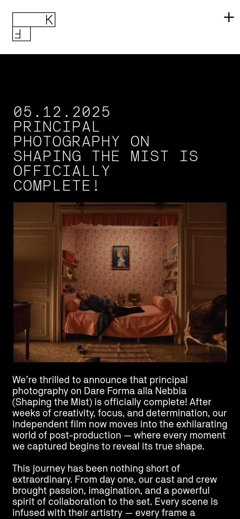 The mobile version maintains the dark, minimalist aesthetic but stacks the content vertically for easier scrolling. The large headline and text occupy the full width of the screen, followed by the film still image, ensuring readability on a smaller display.