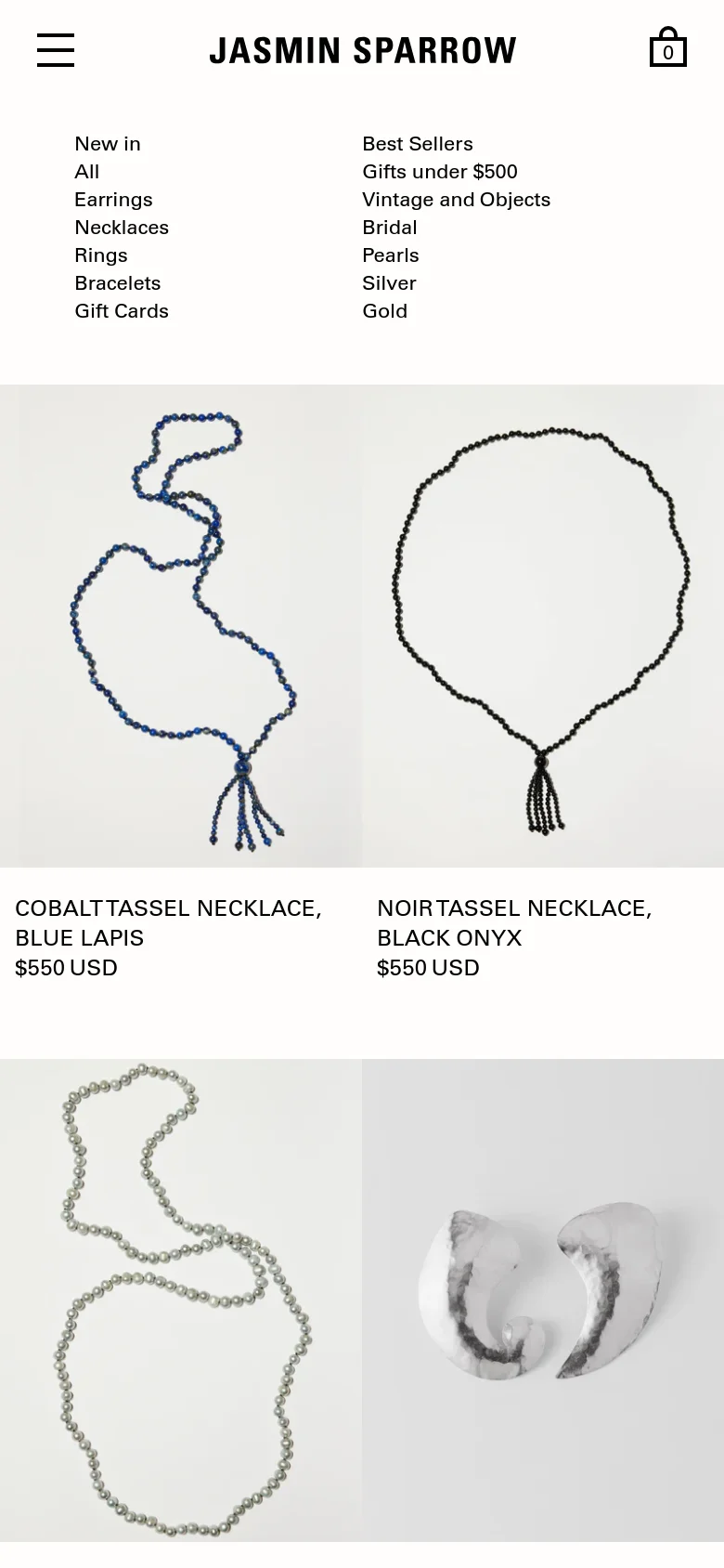 The mobile version presents a simplified, vertical layout optimized for small screens. The top navigation is condensed, featuring a hamburger menu icon and the brand name 'JASMIN SPARROW' centered above a single-column product grid. Product images, titles, and prices are stacked vertically, making it easy to scroll through items like the Grey Pearl Necklace.