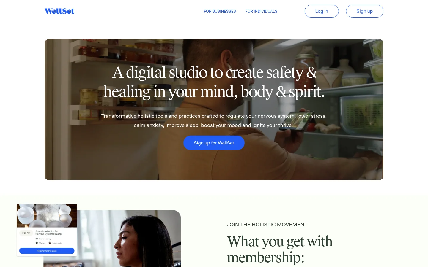 The desktop homepage features a clean white header with the WellSet logo, navigation links for businesses and individuals, and buttons to log in or sign up. The hero section displays a large background image of a person in a kitchen with centered white serif text and a blue 'Sign up for WellSet' call-to-action button. Below the hero, a section titled 'AS SEEN IN' showcases various media logos.