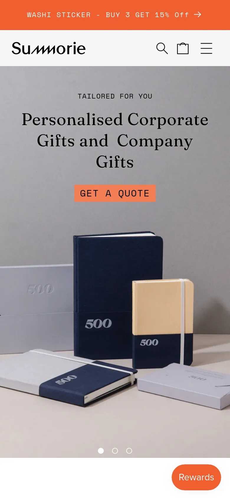 The mobile version presents a vertically stacked layout with a condensed header containing a hamburger menu, search icon, and shopping bag. The hero section features the same branded stationery imagery and 'GET A QUOTE' button, but scaled for a narrower screen. An orange promotional banner for 'WASHI STICKER' is pinned to the top of the viewport.